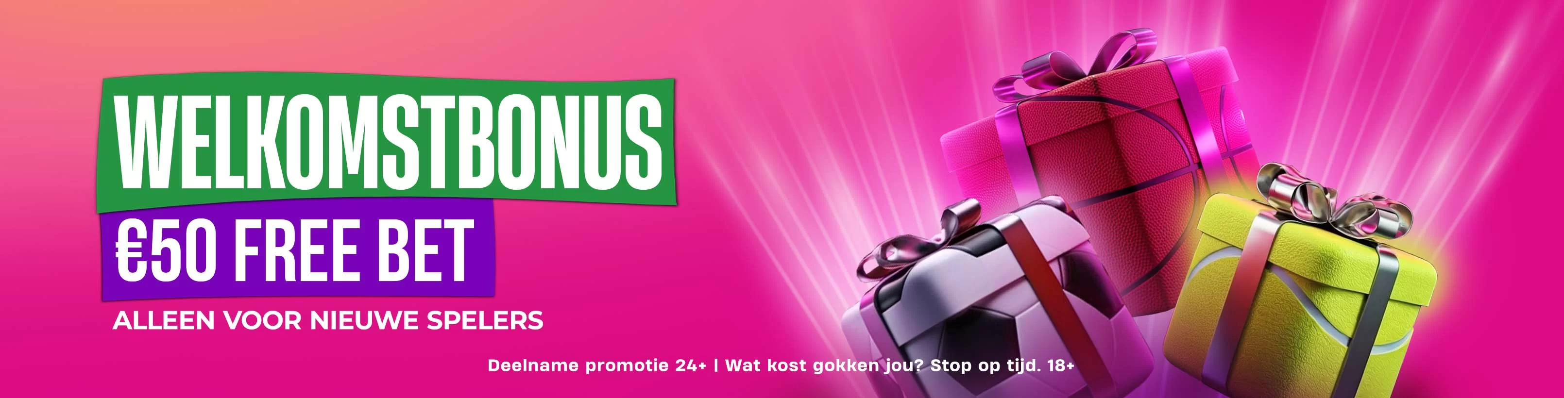 Welkomstbonus banner met €50 free bet voor nieuwe spelers, cadeauboxen en voetbal op roze achtergrond – alleen voor nieuwe spelers, 24+.
